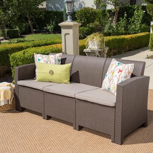 1-Piecec Composite Outdoor 3-Seater Faux Wicker Sectional with Water Resistant Brown Cushions, Brown for Patio Porch