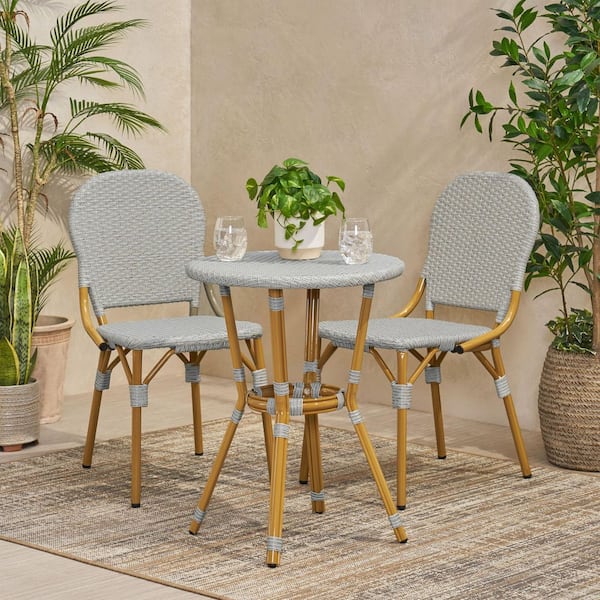 Flynama 3-Pieces Outdoor Aluminum Armless French Bistro Set in Gray and Bamboo Finish