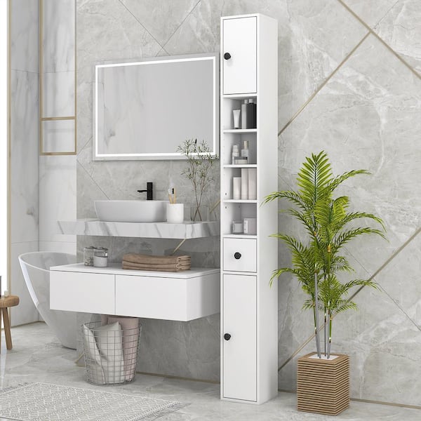kleankin 7.75 in x 7.75 in x 70.75 in White Particleboard Freestanding Linen Cabinet with Cabinets and Shelves in White