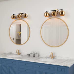 Polished Brass-Plated Vanity Light, 22.5 in. 3-Light Black Industrial Bathroom Vanity Light, Metal Globe Wall Sconce