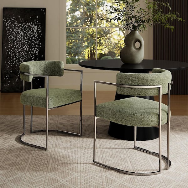 Huron Modern Barrel Dining Chair with Sled Base in Silver Leaf - Upholstered Fabric Accent Chair with Open Curved Back