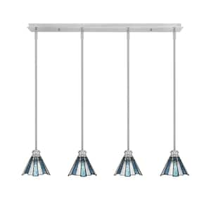 Albany 60-Watt 4-Light Brushed Nickel Linear Pendant Light with Sea Ice Art Glass Shades and No Bulbs Included