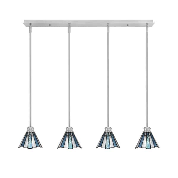 Unbranded Albany 60-Watt 4-Light Brushed Nickel Linear Pendant Light with Sea Ice Art Glass Shades and No Bulbs Included
