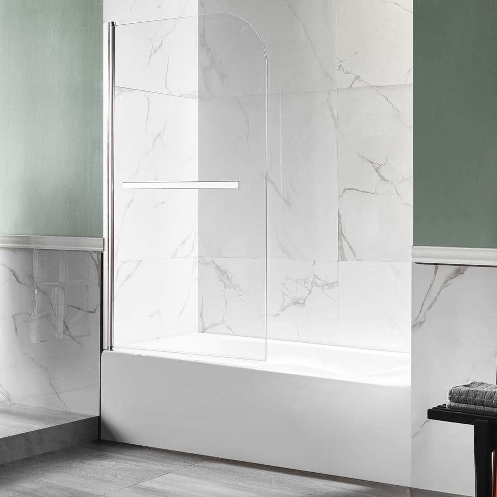 Myth 28 in. W x 56 in. H Frameless Hinged Bathtub Door in Brushed Nickel wi