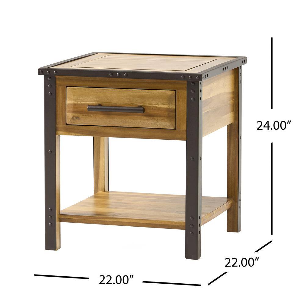 Luna Natural Stained Brown Acacia Wood End Table with Metal Frame