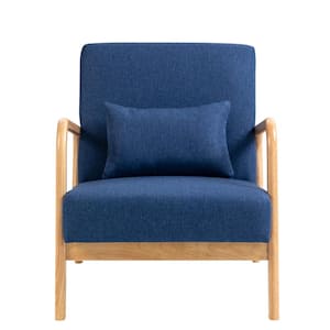 25.78 in. W Modern Dark Blue Wood Frame Cotton And Linen Upholstered Accent Armchair With 1-Pillow (set of 1)