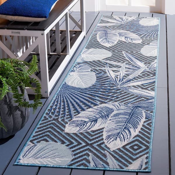Cabana Aqua/Navy 2 ft. x 9 ft. High-Low Diamond Leaf Indoor/Outdoor Runner Rug