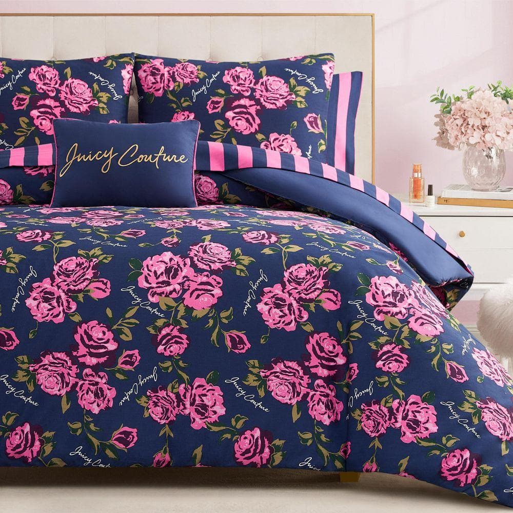 JUICY COUTURE Rose Logo 6-Piece Navy/Pink Floral Polyester Twin