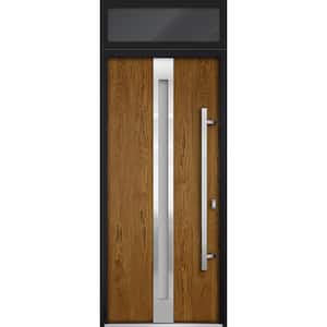 36 in. x 96 in. Left-Hand/Inswing Transom Frosted Glass Natural Oak Steel Prehung Front Door with Hardware