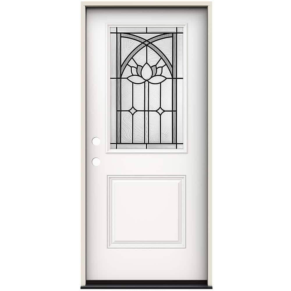 JELD-WEN 36 in. x 80 in. Right-Hand/Inswing 1/2 Lite Ardsley Decorative Glass Modern White Steel Prehung Front Door, Modern White Paint -  THDJW239200024
