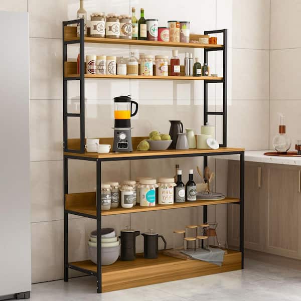 FUFU&GAGA 15.7 in. D Black Wood 5-Tiers Standing Baker's Racks with Storage Shelves Metal Frame Kitchen Organizer Rack