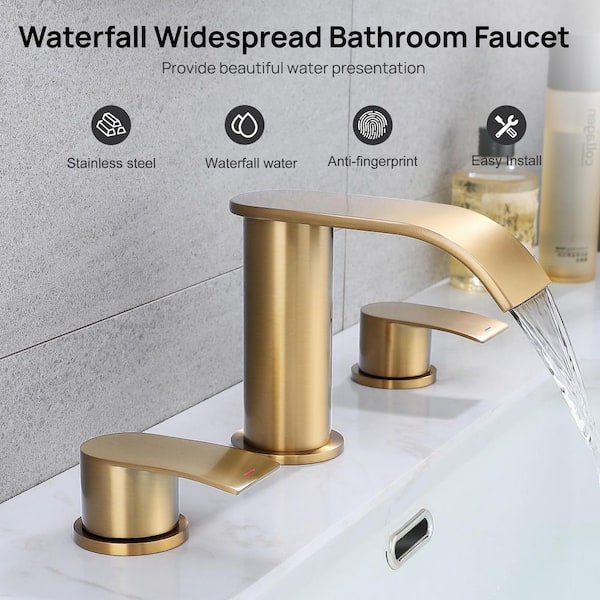 8 in. Widespread Double Handle Waterfall Spout Bathroom Vessel Sink Faucet with Pop Up Drain in Champagne Brown