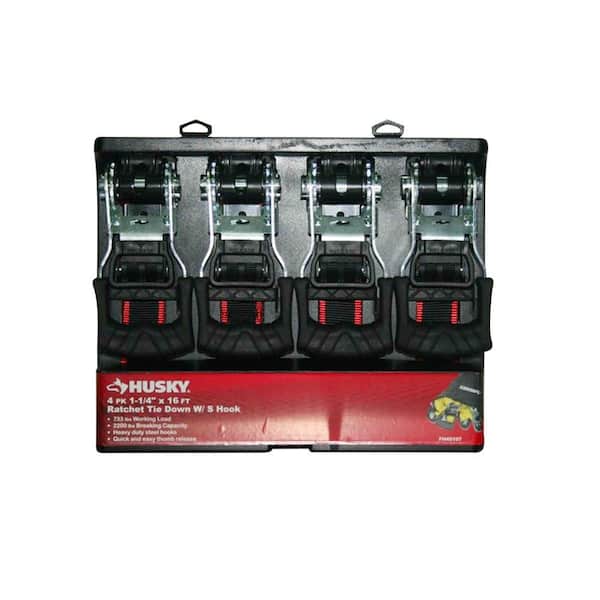 Husky 1-1/4 in. x 16 ft. Ratchet Tie-Down Straps with S Hook (4-Pack)