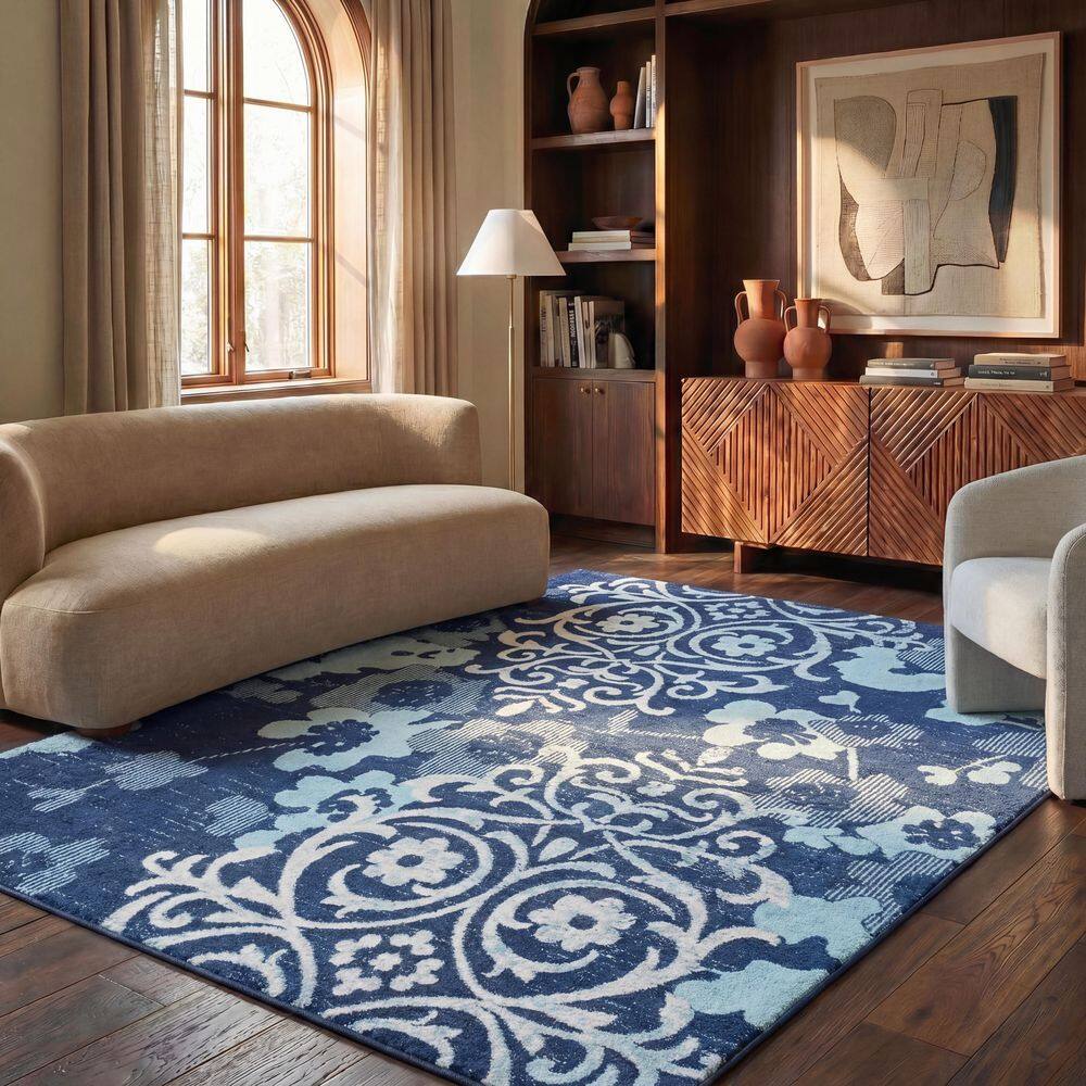 Adirondack 7 ft. x 7 ft. Square Navy/Aqua Floral Damask Area Rug price history on PriceWatchPro