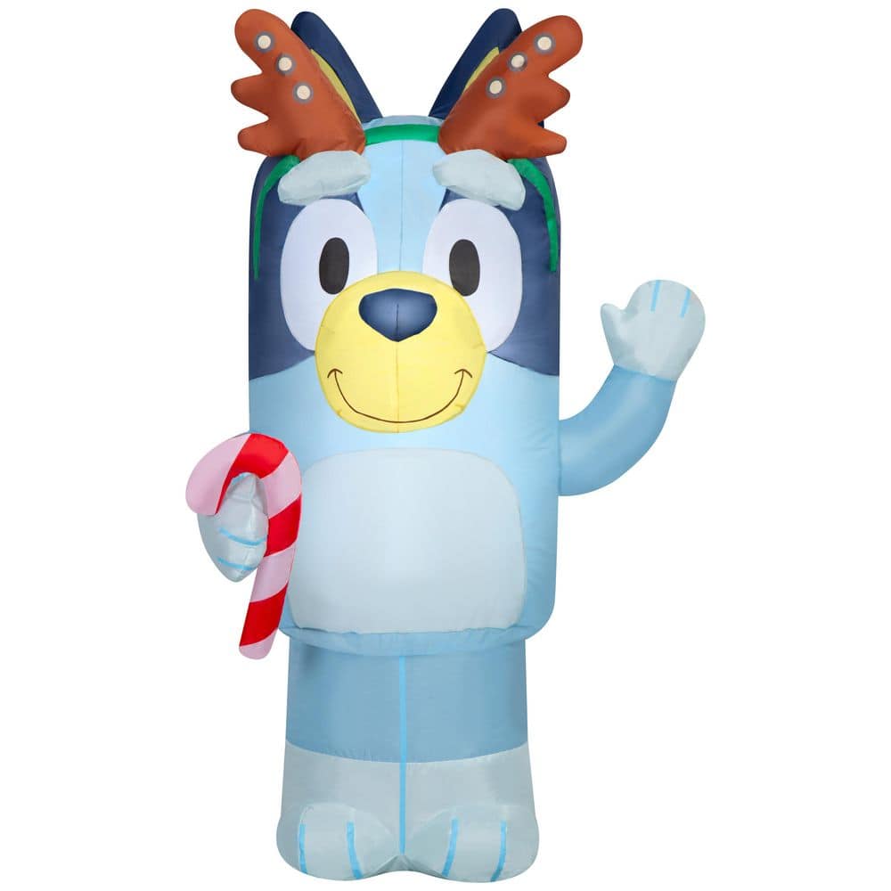 Gemmy 3.5 ft. Tall x 2.6 ft. Wide Airblown Bluey with Antlers Holding Candy Cane Christmas Inflatable