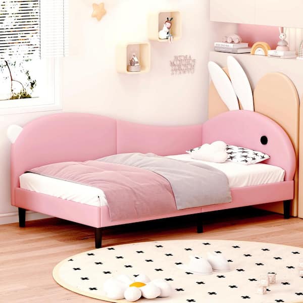 Harper & Bright Designs Pink Twin Size PU Upholstered Rabbit-Shape Daybed with Cute Rabbit Ear Headboard