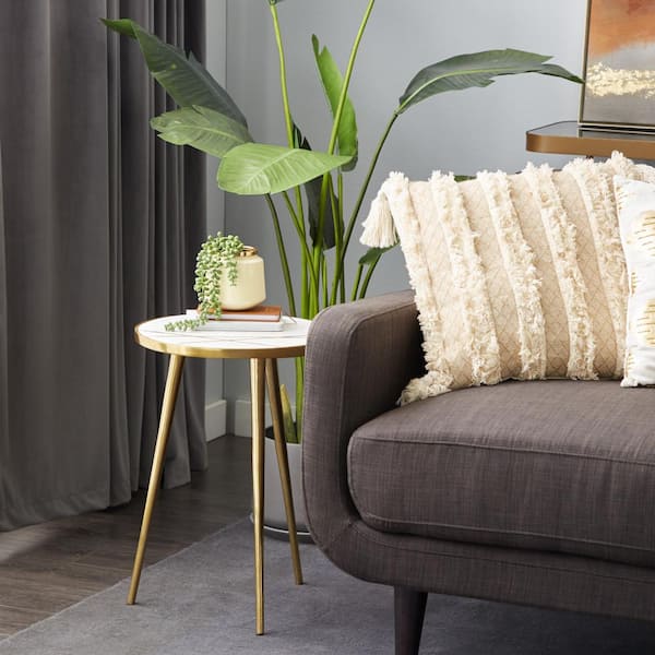 Litton Lane 15 in. Gold Medium Round Marble End Accent Table with Marble Top with Gold Inlay
