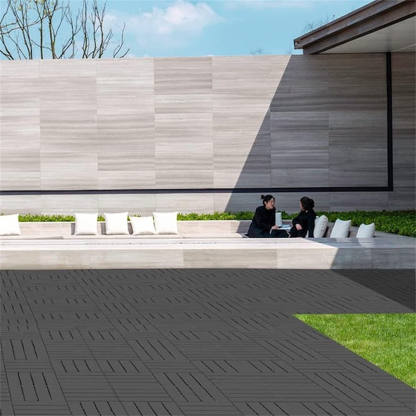 12 in. x 12 in. Outdoor Striped Square Composite Interlocking Waterproof Flooring Deck Tiles in Dark Gray (Pack of 9)