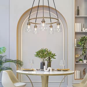 Modern Dining Room Wagon Wheel Chandelier 5-Light Electroplated Brass Chandelier with Teardrop-Shaped Clear Glass Shades