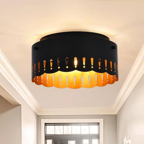 PAKOKULA 12 in. 3-Light Matte Black Industrial Drum Flush Mount Ceiling Light with Brass Inside Finish and Wavy Brim Fixture