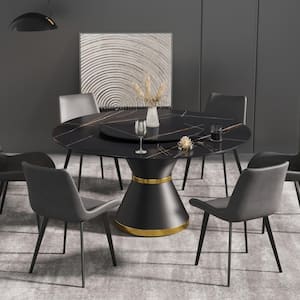 Black Double-Sintered Stone Top 59 in. Column Base Round Dining Table with Lazy Susan Turntable top (Seats-8)