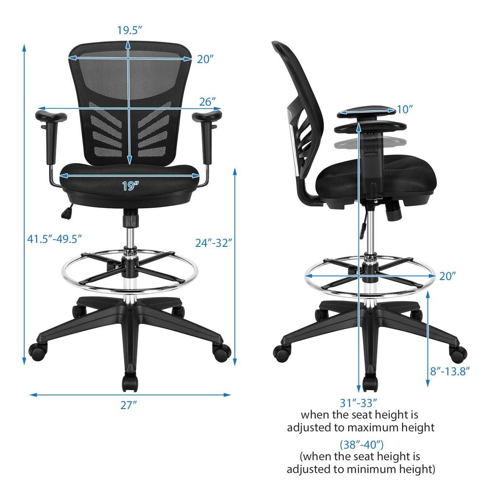 Black Mesh Adjustable Swivel Drafting Chair with Foot-Ring