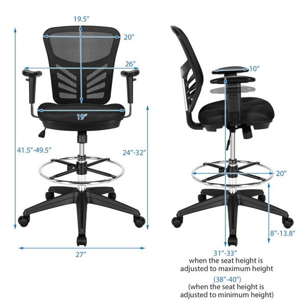 Office Star DC Series Deluxe Breathable Mesh Back Ergonomic Drafting Chair  with Lumbar Support and Adjustable Footring, Black Fabric