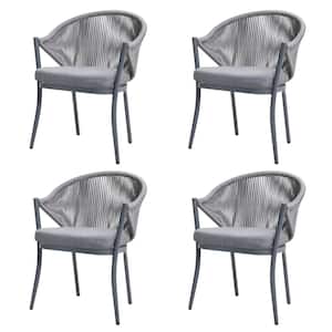 Outdoor Aluminum Dining Chair Set Rope Weaver Patio Furniture with Removable Gray Cushions (4-Pack)