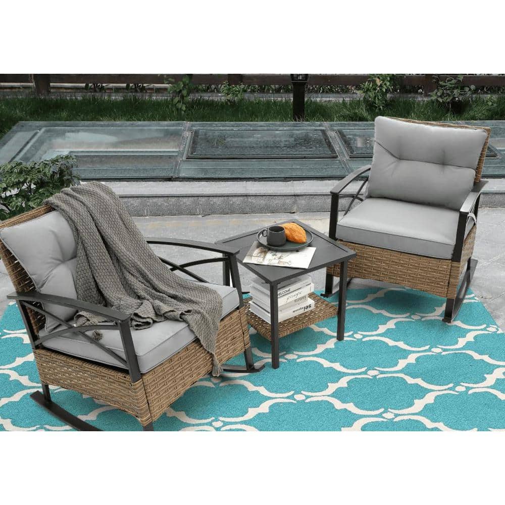 3-Piece Brown Rattan Steel Metal Outdoor Bistro Set with Grey Cushions
