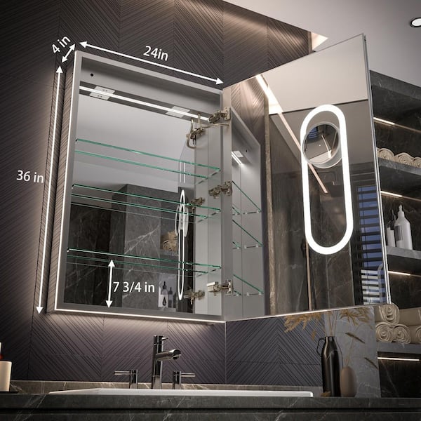 Moray 24 in. W x 36 in. H Rectangular Aluminum Recessed or Surface Mount Medicine Cabinet with Mirror and Front&Backlit