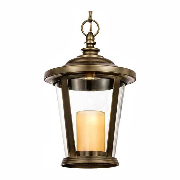Home Decorators Collection Bellingham Oil-Rubbed Bronze Outdoor LED Medium Pendant with Clear Glass and Amber Glass Candle