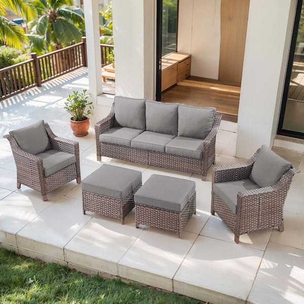Opohoro SlideArm Brown 5-Piece Wicker Armchairs Patio Conversation Set, Outdoor Sofa Seating Set with Olefin Gray Cushions