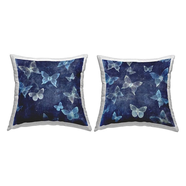 Abstract Modern Blue Butterflies Blue Square Outdoor Throw Pillow 2-Pack