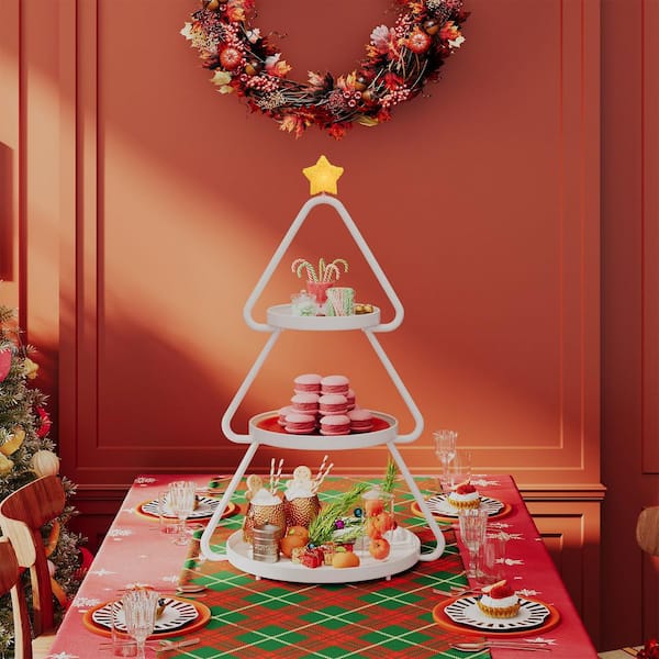 19.49 in x. 32.48 in. White Metal Christmas Tree Bakers Rack Side Table Mobile Storage Snack with Removable Trays