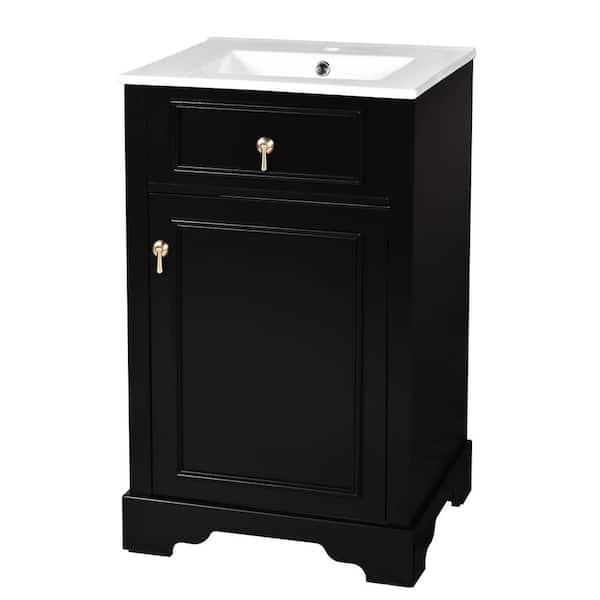 20 in. W x 18 in. D x 34 in. H Single Sink Freestanding Black Bath Vanity with White Ceramic Top and Adjustable Shelf