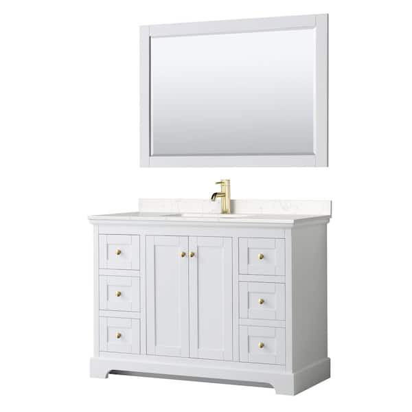 Wyndham Collection Avery 48 in. W x 22 in. D x 35 in. H Single Sink Bath Vanity in White with Carrara Cultured Marble Top and 46 in. Mirror