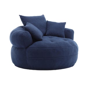 Modern Navy Blue Chenille Swivel Upholstered Barrel Living Room Chair With Cushion and Pillows