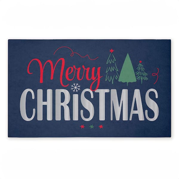 Merry Christmas on Navy Blue 18 in. x 30 in. Polyester Non-Slip Outdoor Door Mat