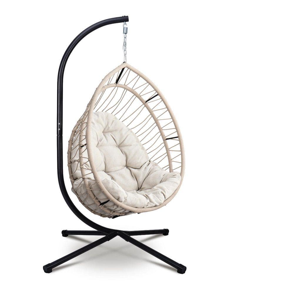 Single Outdoor/Indoor Wicker Foldable Patio Swing Egg Chair with Stand, Linen Gray Cushion
