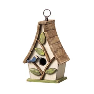 9.5 in. H Washed White Distressed Solid Wood Garden Birdhouse with Natural Wood Pallet Roof and 3D Tree
