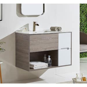 36 in W x 18in.D x 24in.H Contemporary White+ Gray Wood Grain Wall Mounted Bathroom Vanity with White Ceramic Sink Top