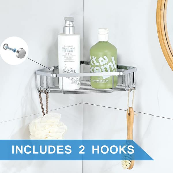 Wall Mounted Corner Shower Caddy Shower Basket with 2 Hooks in Stainless Steel Polished Chrome