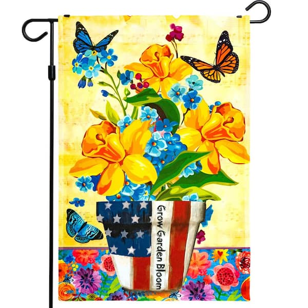 1 ft. x 1.5 ft. Polyester Spring Bloom USA Patriotic Flower Pot with Butterflies Garden Flag 2-Sided Printed Blockout
