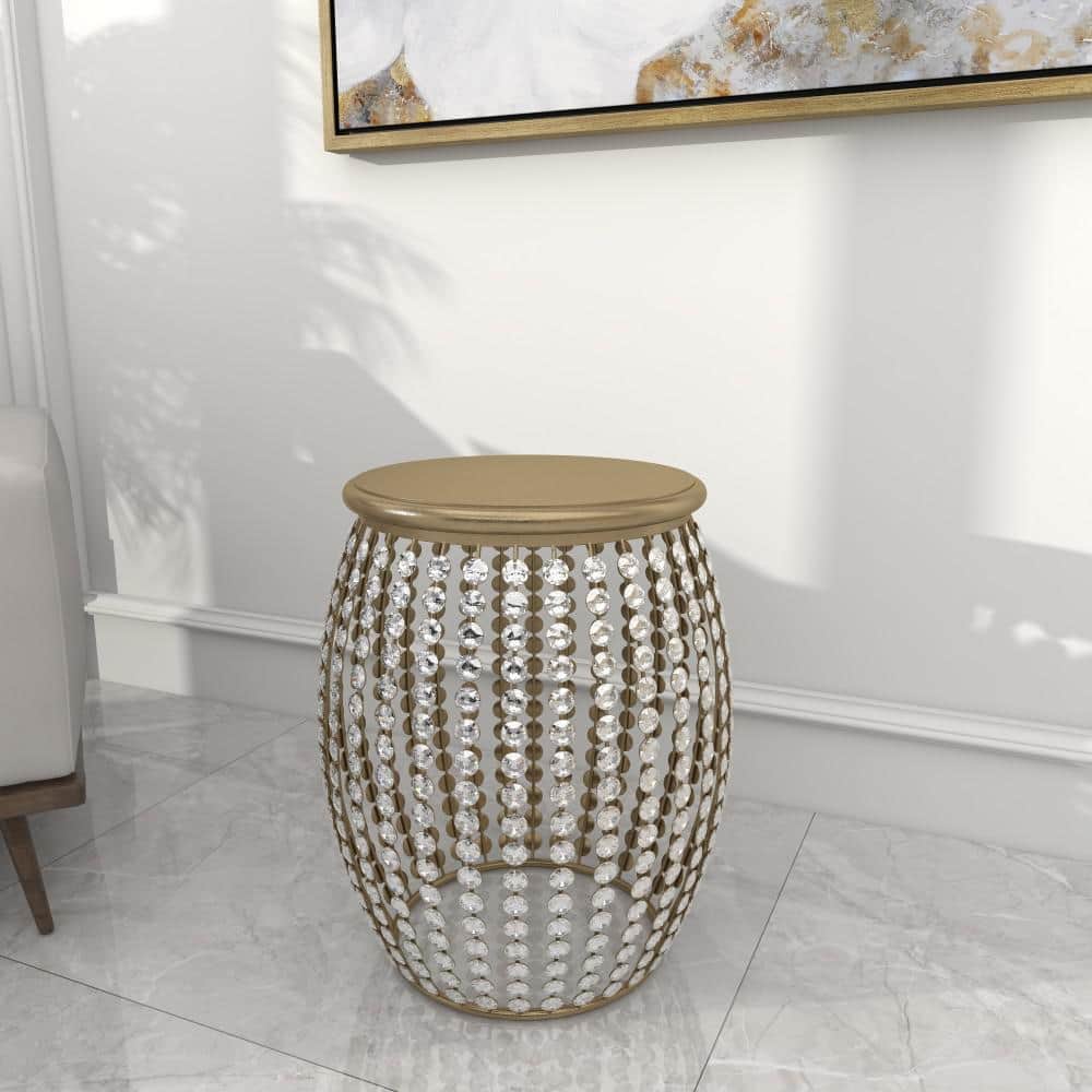 Elegant Gold 20" Round Wood & Metal Accent Table with Crystal Embellishments