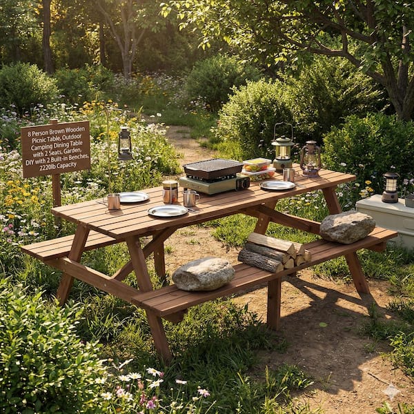 75 in. Brown Rectangle Solid Wood Picnic Table Seats 8 People w/ 2