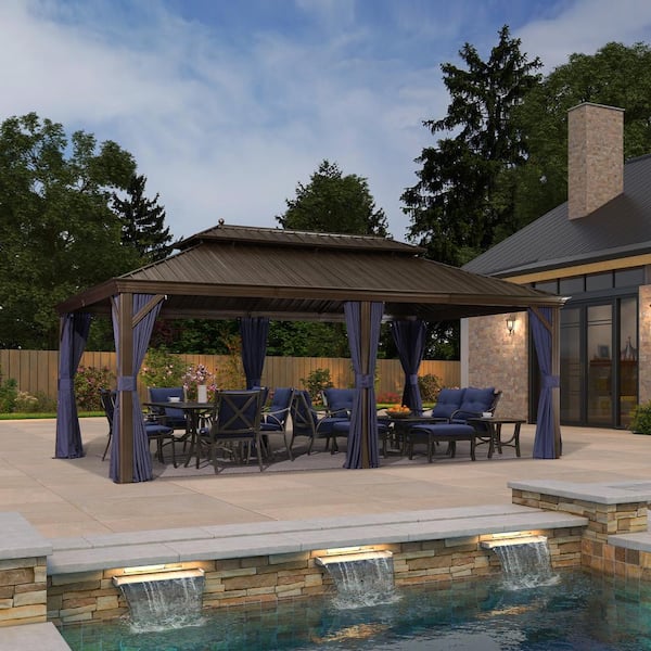 PURPLE LEAF 12 ft.x 20 ft.Bronze Aluminum Power-Coated Frame Galvanized Steel Double Roof Hardtop Gazebo,Hooks, Netting,Blue Curtain