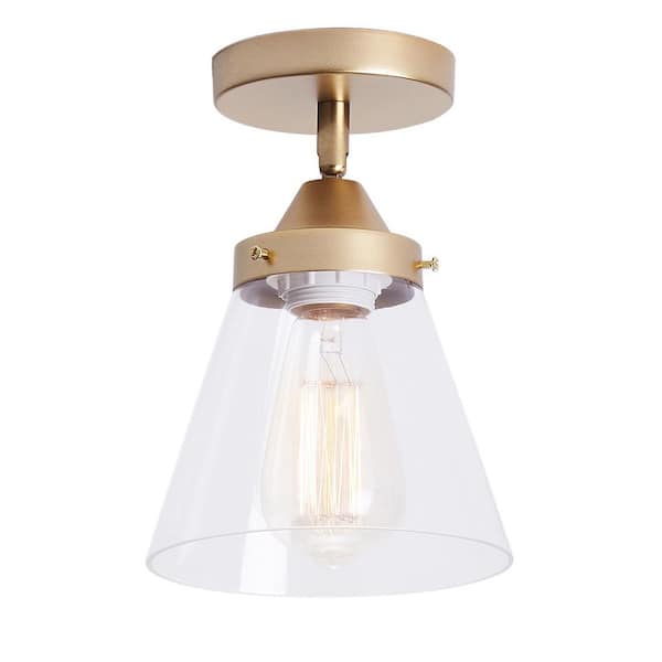 aiwen 5.3 in. 1-Light Industrial Gold Semi-Flush Mount Ceiling Light Fixture with Glass Shade