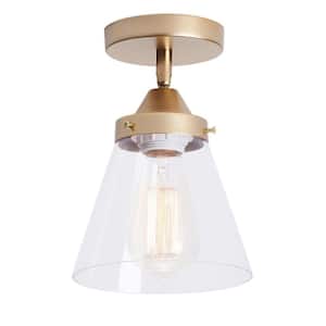5.3 in. 1-Light Industrial Gold Semi-Flush Mount Ceiling Light Fixture with Glass Shade