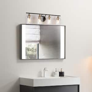 20.5 in. Modern 4-Light Black Bathroom Vanity Lights Brass Gold Bath Lighting Seeded Glass Shade Wall Sconce