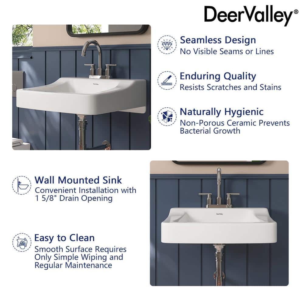 19'' White Ceramic Wall-Mount Bathroom Sink with Faucet Hole